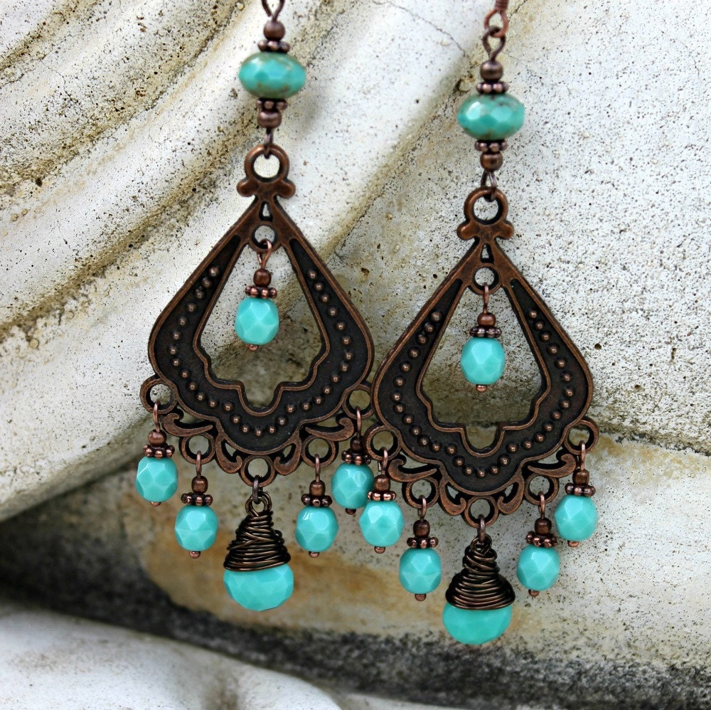 Turquoise Blue Green Chalcedony, Large Chandelier Earrings - Antique Copper, Dangle, Bohemian, Czech Glass