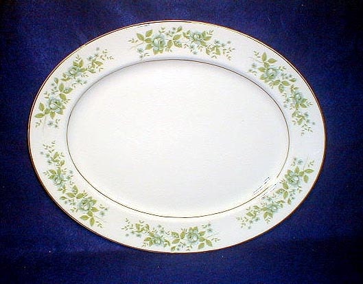 Vintage Johnson Bros Platter  Green Floral Platinum Rim Trim Snowwhite