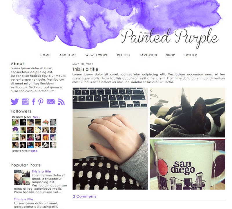 Blogger Premade Template: Painted Purple minimalist, purple, violet, theme, watercolor, clean, twitter, icons