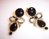 Vintage Jet Black Glass Rhinestone Dangle Drop Bow Earrings