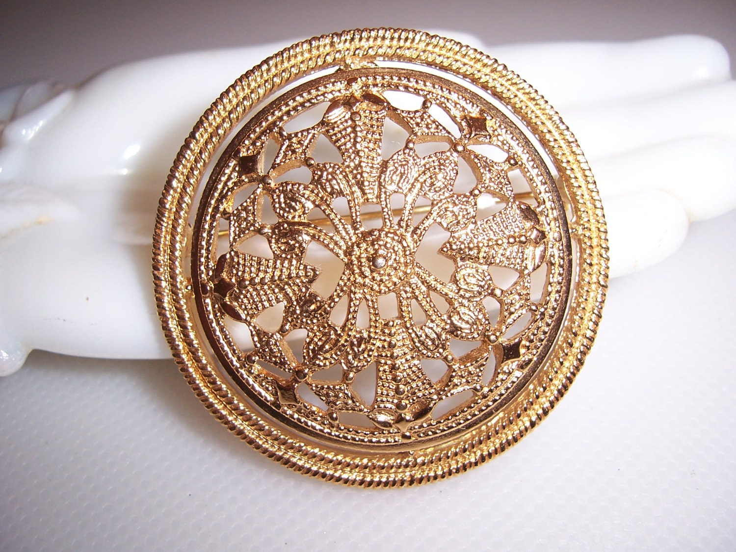 Vintage Etched Monet Open Work Domed Pendant Brooch Pin