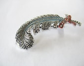 Vintage 1950 Aluminum Feather Brooch ELOXAL Faux Marcasite W. Germany Silver Blue and Red Enamel
