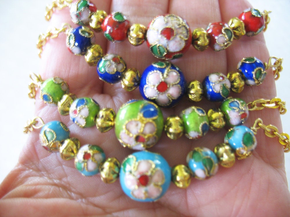 Cloisonne Beaded Bracelets Flower Beads in Enamel Goldtone Chain Available in Four Colors