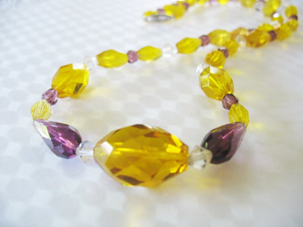 Vtg Faceted Glass Necklace Golden Yellow and Amethyst Art Deco Circa 1930's