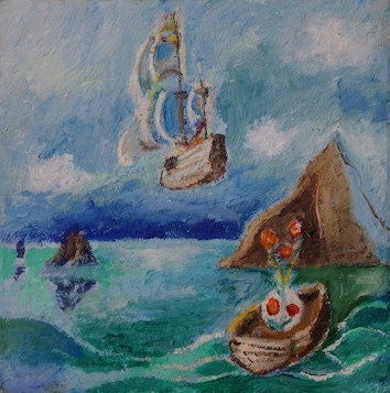 Oil painting miniature fairytale art, 4 x 4 x 0.5 inches. Grail ship, oil  painting on canvas