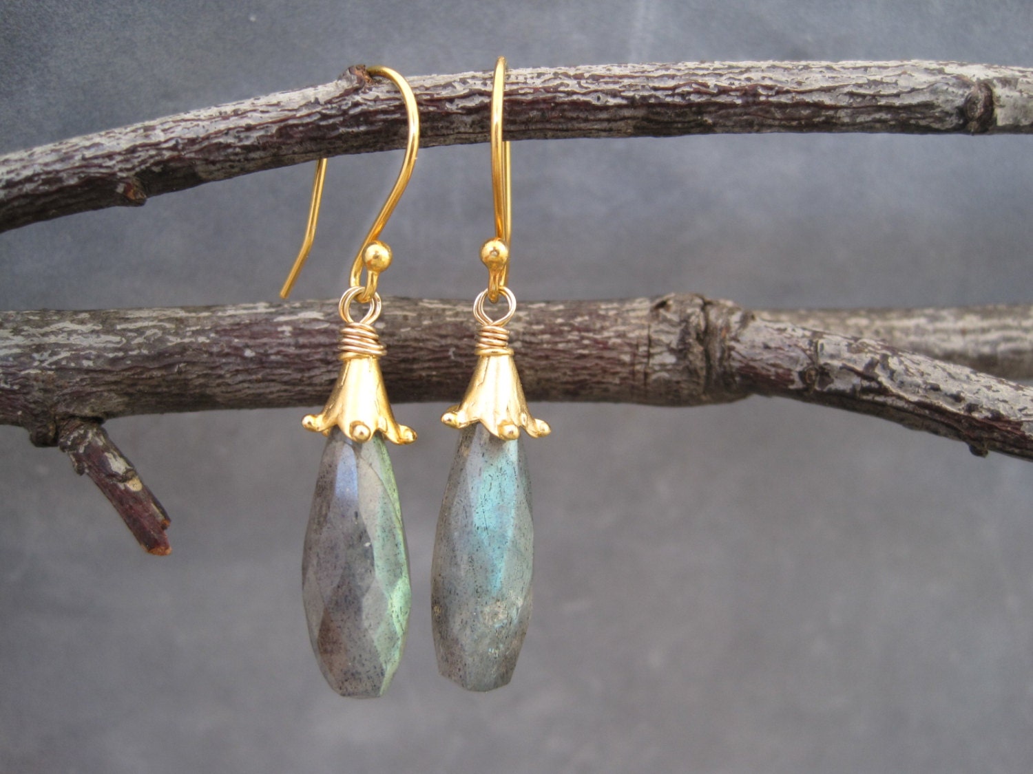 Labradorite Earrings - Green and Gold Earrings - Labradorite Jewelry - Dangle Earrings - Labradorite Dangles - Matte Gold