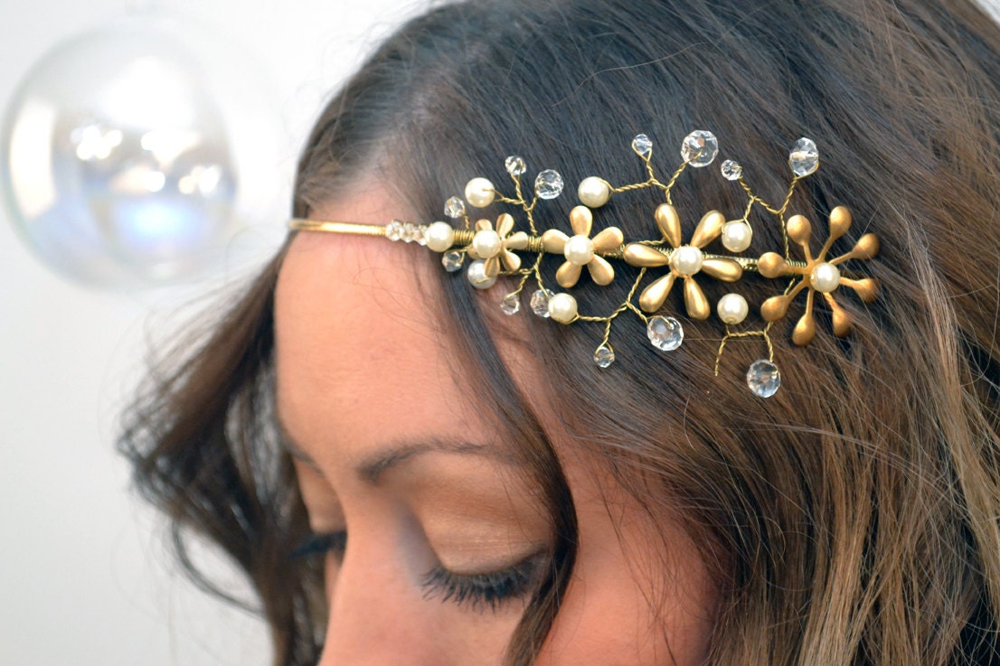 Un..........one of a kind headpiece - brass flower and pearl headband