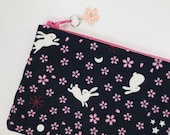 Sakura & Rabbit Zipper Pouch/ Coin Purse - Indigo