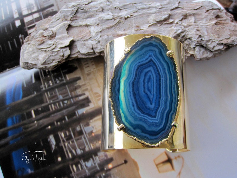 Royal blue - Drusy Agate Bangle - Cuff  Bracelet - OOAK