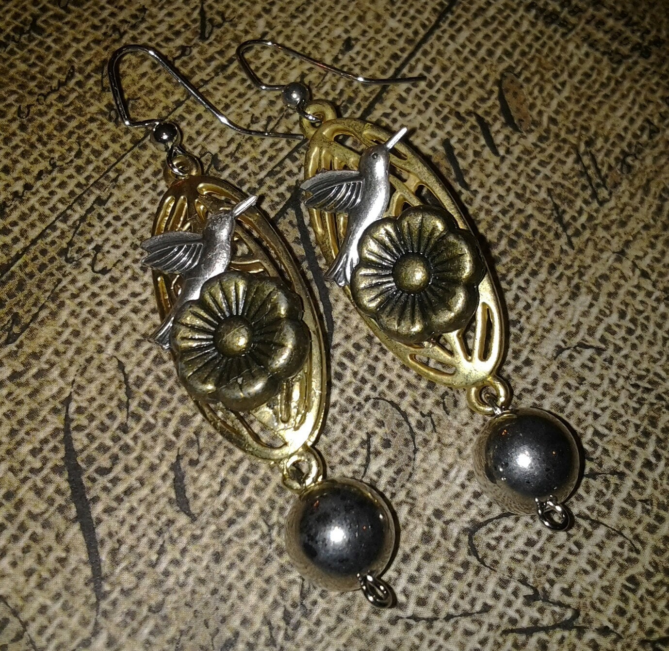 Soft Delicate Steampunk Silver and Goldtone Bird Earrings