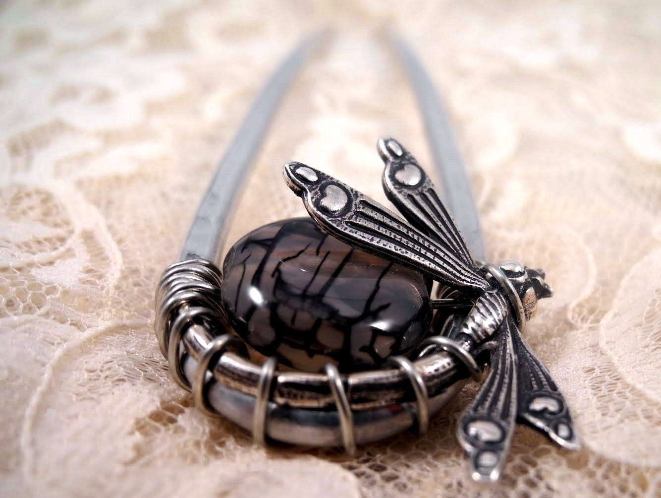 Made to Order Metal Hair Fork - dragonfly, grey spiderweb agate stone, silver tone hair pin, hair stick, hair jewelry