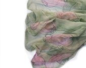 Woman silk scarf paint by hand.Hand painted pastel green and pink scarf.Tulips silk chiffon scarf.Long spring silk scarf