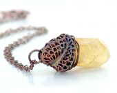 Wire Wrapped Citrine Crystal Pendant Necklace  -Honey Gemstone Antique Copper