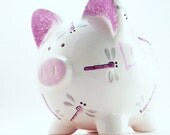 Personalized Piggy Bank - Dragonfly - Pink & Purple - with hole or NO hole in bottom