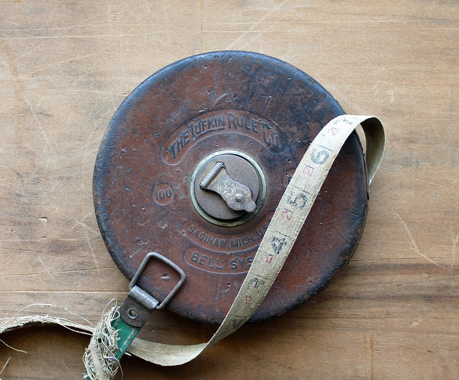 Measured - Antique Lufkin Leather Covered 100ft Retractable Cloth Measuring Tape - Supplies - Rustic - Men - Brown
