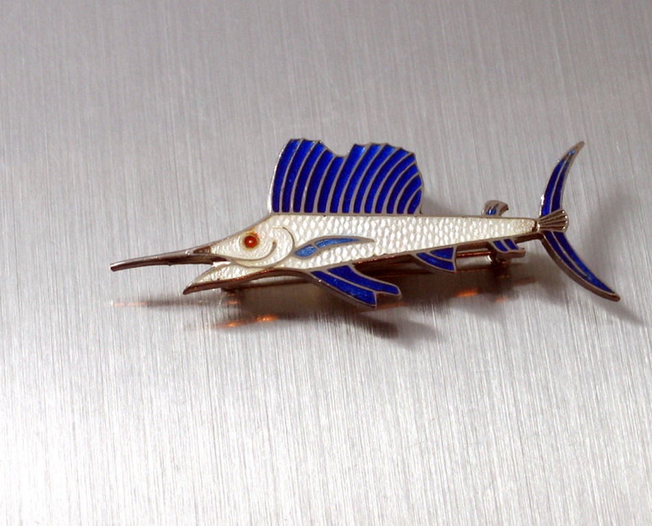 Vintage Guilloche Enamel Marlin, Swordfish Brooch or Hat Pin