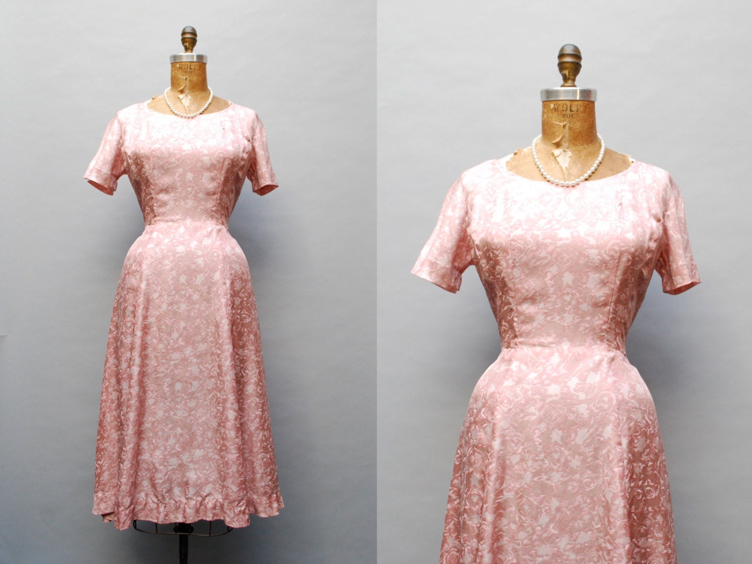 vintage 1950s silk dress. 50s dress. pink swirl print. medium