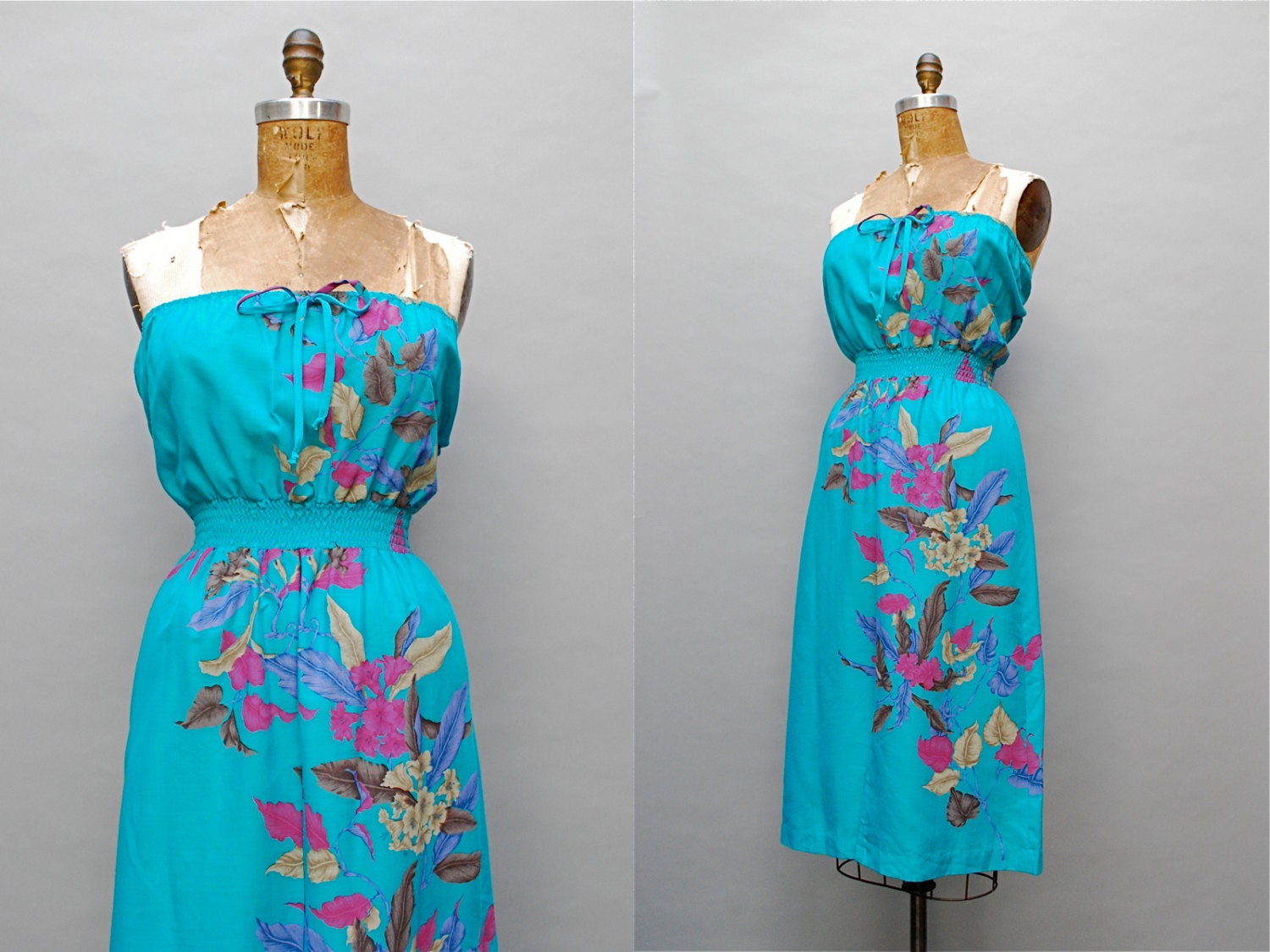 vintage 1970s tropical floral strapless dress