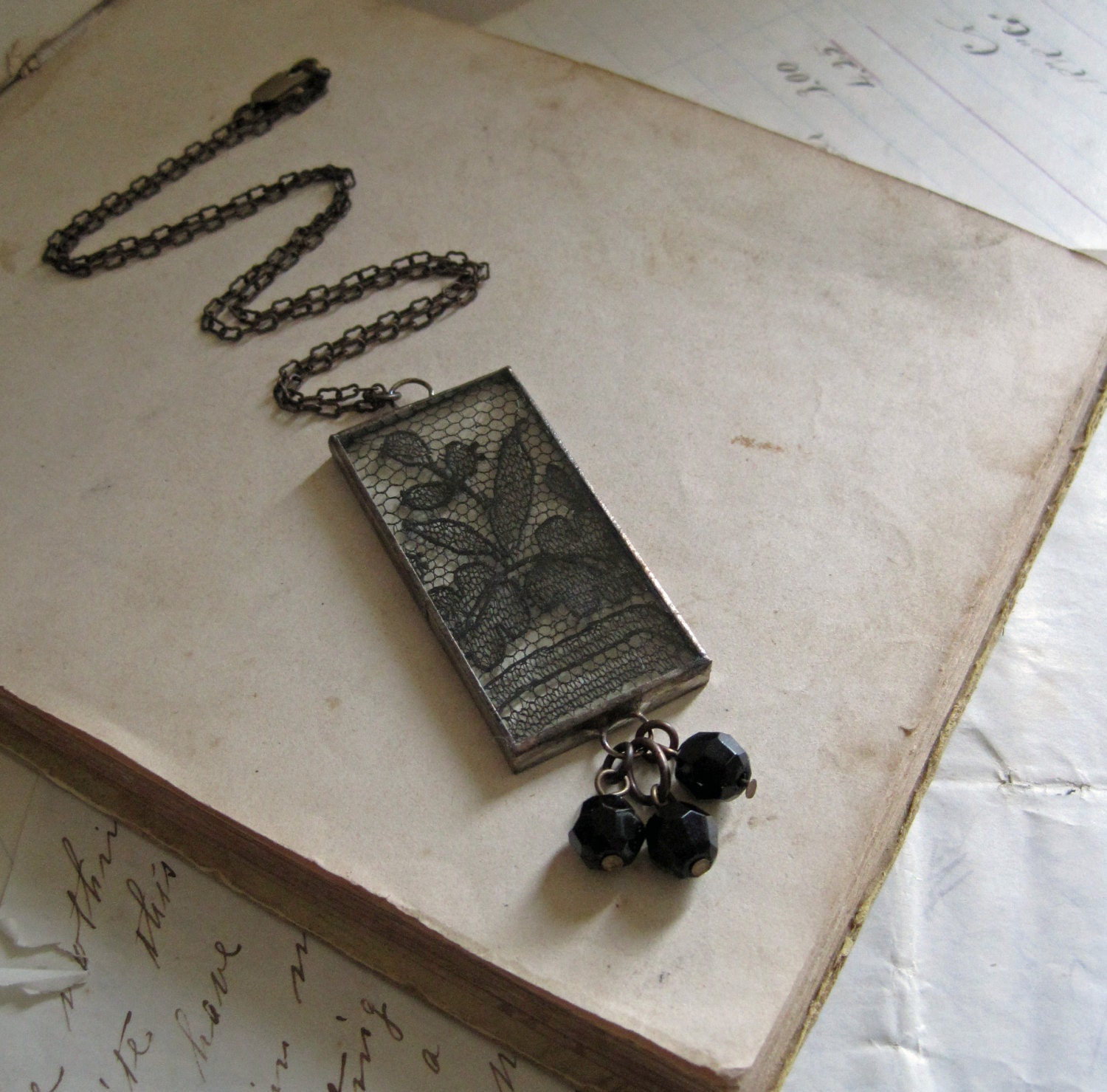 Black Lace Bevel Glass Necklace Jewelry Mothers Day