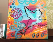 Original Painting, Mother's Day, Bright, Summer,Bird, Orange, Light Blue, Flower, 8x8 Acrylic Canvas,