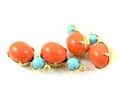 2 - 18x8mm  Vintage Oval Round Glass Stones in 1 Ring Two-Stone Brass Prong Settings - Coral and Turquoise Blue