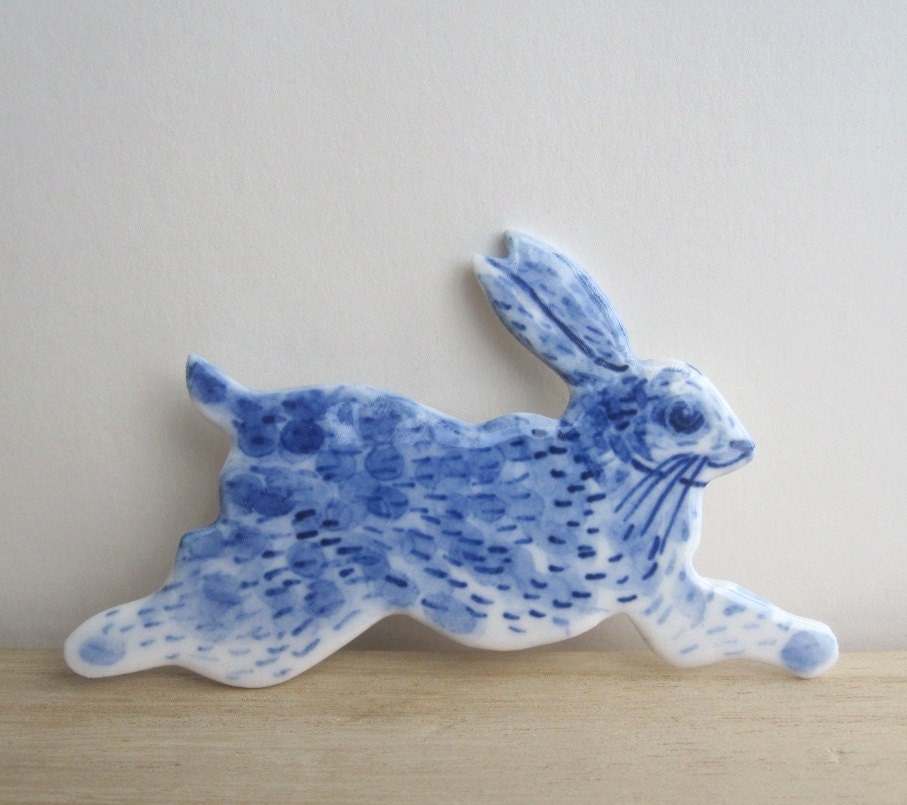 Rabbit Brooch - Handpainted Blue Delftware Porcelain
