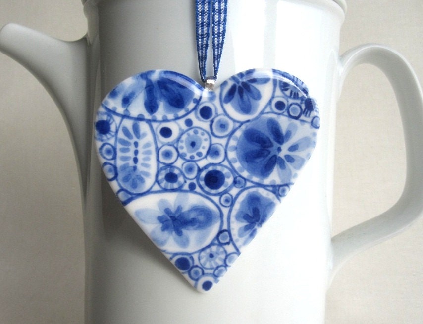 Hand painted porcelain  heart -  Blue and white Delftware ornament
