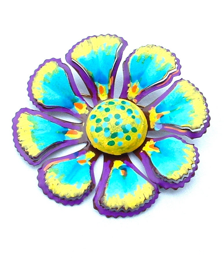 Colorful Bright Vintage Flower Brooch Turquoise Yellow Purple Bouquet Jewelry, FREE US SHIPPING