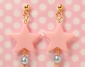 Kawaii Sweet Lolita Fairy Kei Pink Star Earrings Ball Post Gold Star Blue Pearl