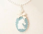 Unicorn Necklace Fairy Tale Pastel Blue Cameo White Pearl Bow Lace Edge Setting
