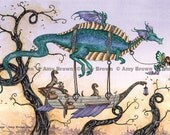 Dragon, otters and fairy in sky-ship 8.5x11  PRINT by Amy Brown