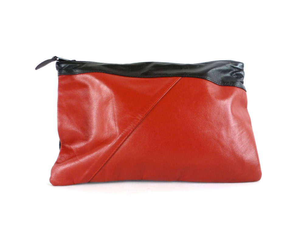 reserved................. Black and Red Leather Clutch // LIBERTY BELLE // 80s Colorblock Handbag