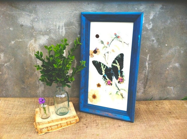 Vintage - Upcycled - Vibrant - Botanical - Floral - Butterfly Litho Print - Pressed Flowers - Funky BOHO Farmhouse CHIC