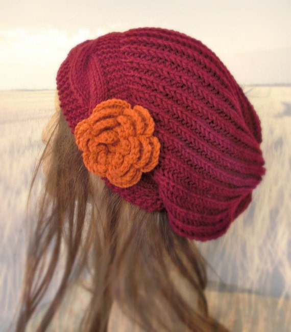 Hand Knit Hat- Womens hat - chunky knit Slouchy Beanie  Slouch Burgundy  Hat Flower  Winter Accessories knitted beret Autumn Fashion