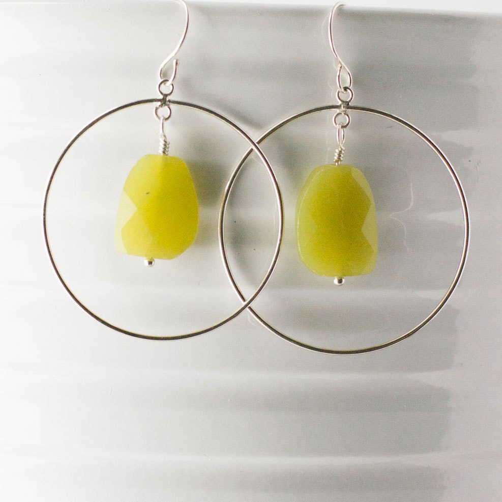 Modern Faceted Olive Nugget and Sterling Silver Hoop Earrings
