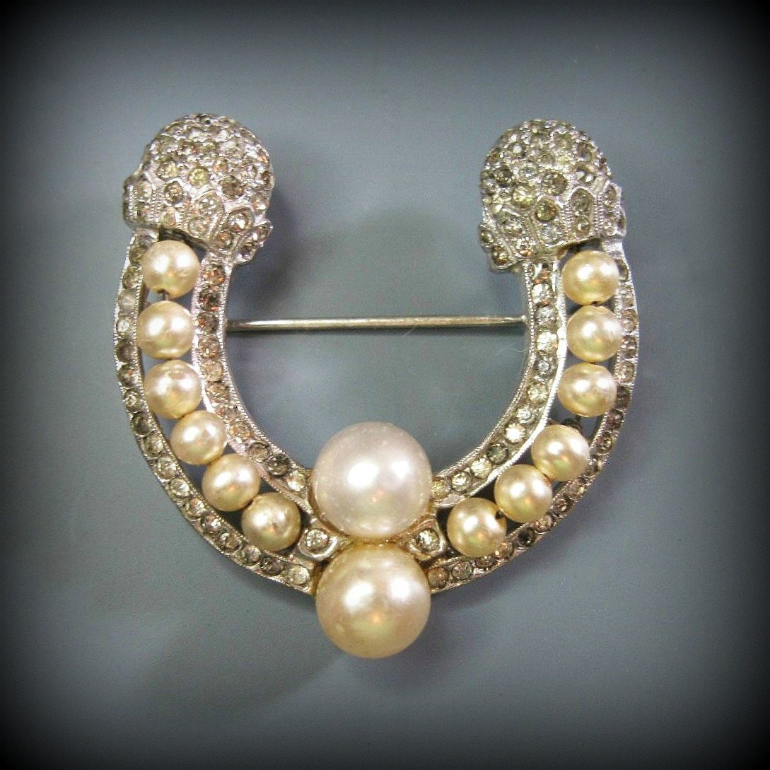 Vintage Art Deco Brooch - Faux Pearl - Rhinestones - Sterling Silver - Horseshoe - Glitzy - 1920s - Great Gatsby Style