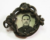 Antique Art Nouveau Photo Brooch - Photo of Man in Uniform - Mourning - Sentimental - Military Sweetheart - Copper - Floral C1900