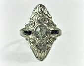 Vintage 1920s Art Deco Ring - Rhinestone - Sapphire Blue Glass - Size 7.50 - Cocktail Ring - Costume Ring - Dinner Ring - Gatsby