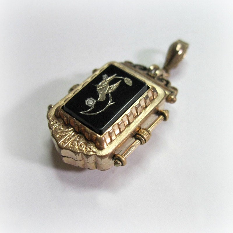 Antique Victorian Bird Locket - Pendant - Carnelian - Onyx - Gold Filled - 1870s