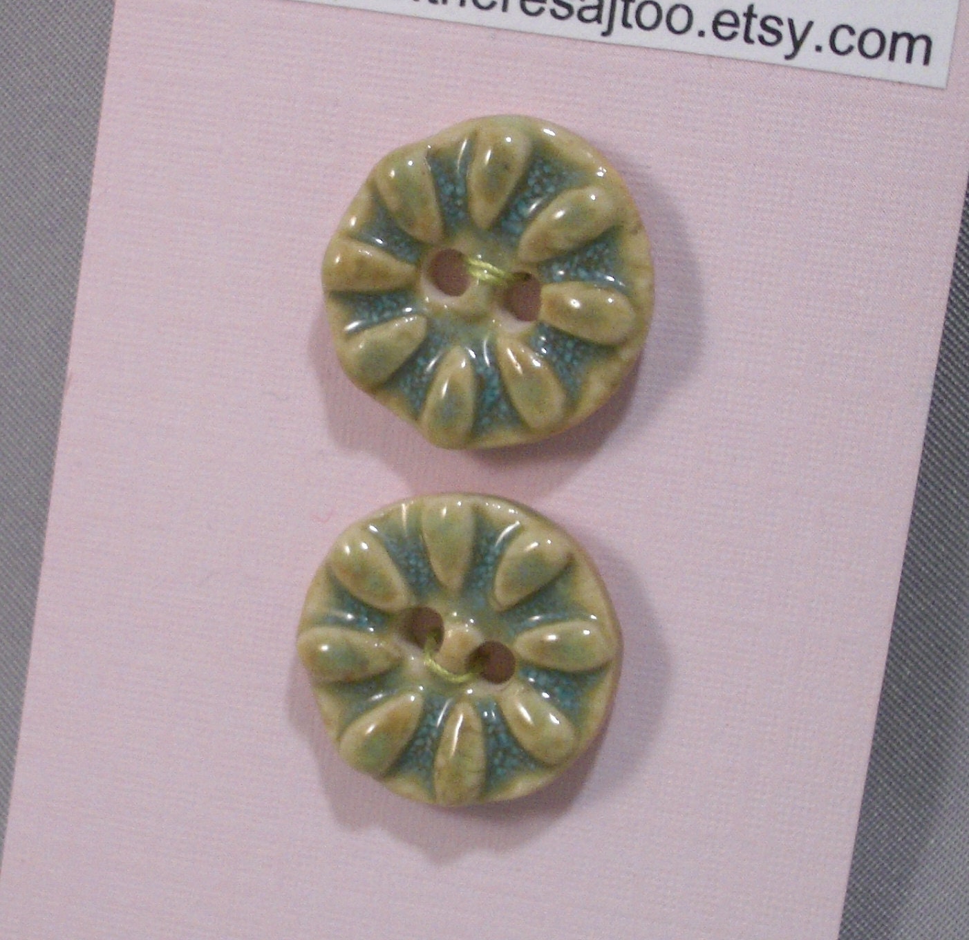 Porcelain Buttons, Round with Raised Flowers, Green & Turquoise