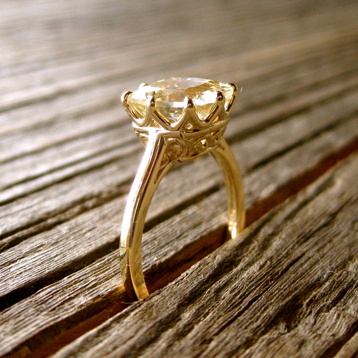 Handmade Antique Cushion Cut Lemon Quartz Engagement Ring in 14K Yellow Gold with Swirls on Basket Size 7
