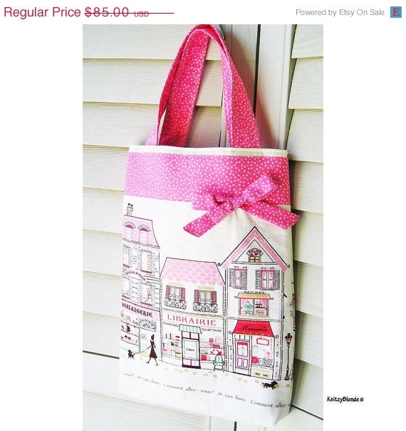 Tote Bag, Pink Paris Print , Super Padded for Laptop, Pink Ivory  Brown Polka Dots Bow