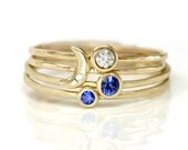 Crescent Moon, Sapphire, and Diamond Stacking Ring Set of Four in solid 14k Yellow Gold