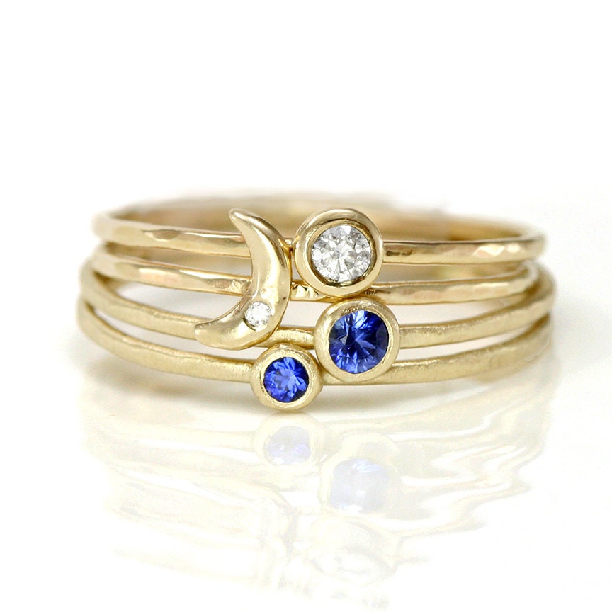 Crescent Moon, Sapphire, and Diamond Stacking Ring Set of Four in solid 14k Yellow Gold
