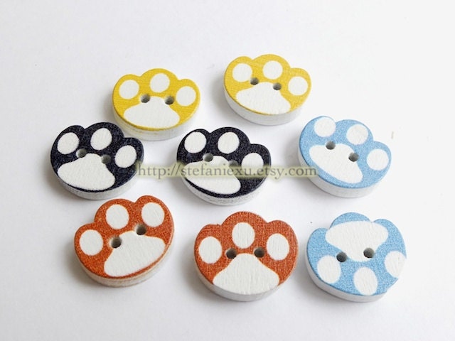 Wooden Buttons, Painted Color - Cute Colorful Puppy Paws (4PCS, Choose One Color)