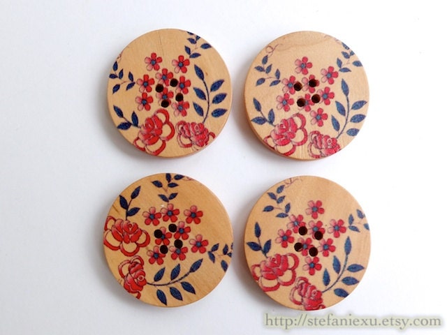 Wooden Buttons - Natural Dark Red Blooming Plum Flowers (4 in a set)