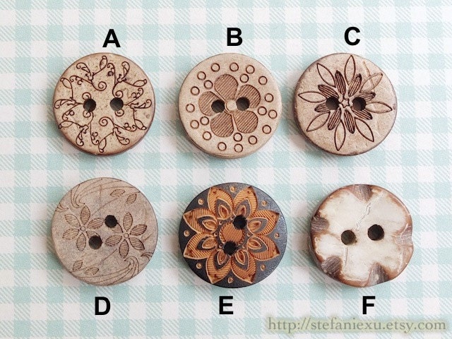 Natural Coconut Buttons - Marble Looking Five Petaled Flower, Sunshine, Cherry Blossom, Plum, Vintage Floral (4PCS, Choose Pattern)