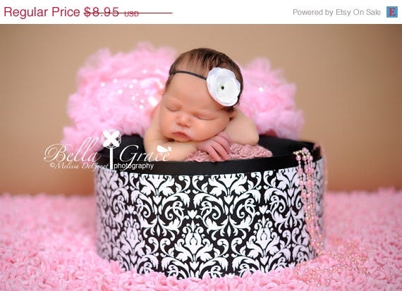SPRING SALE Baby Headband - Newborn Headband - White Headband - Infant Headband - White Flower on Thin Black Stretch Headband - Photography