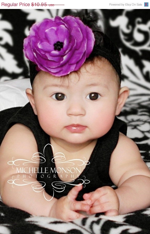 MEMORIAL DAY SALE Baby Headband - Infant Headband - Toddler Headband - Newborn Headband - Purple/Violet Flower Clip - Black  Stretch Headba