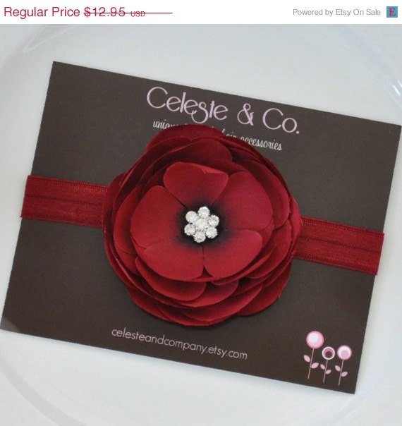 MEMORIAL DAY SALE Christmas Headband - Baby Headband - Infant Headband - Newborn Headband - Deep Red Flower on Matching Stretch Headband -